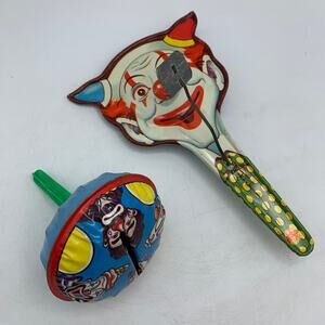Vintage US Metal Toy Tin Clown noise makers Lot of 2